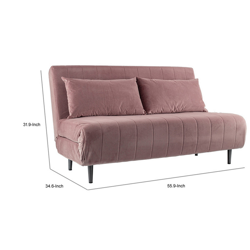 56 Inch Sleeper Sofa Bed with 2 Back Pillows Metal Legs Pink Velvet By Casagear Home BM311648