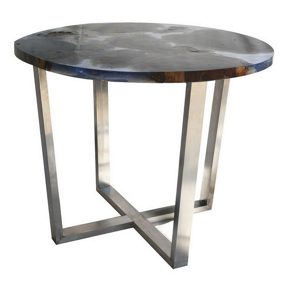 36 Inch Coffee Table Round Resin Top Sonokeling Wood Frame Blue Gray By Casagear Home BM311653