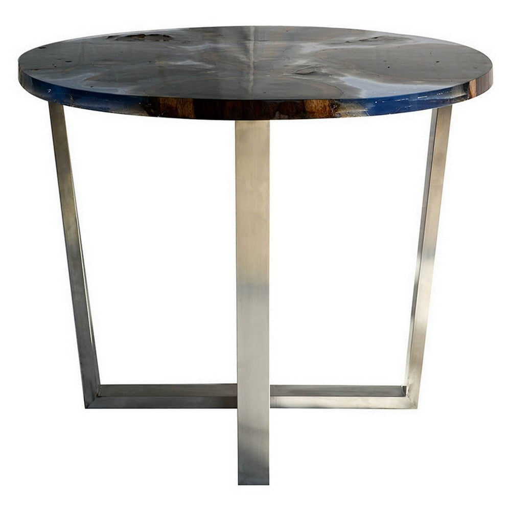 36 Inch Coffee Table Round Resin Top Sonokeling Wood Frame Blue Gray By Casagear Home BM311653