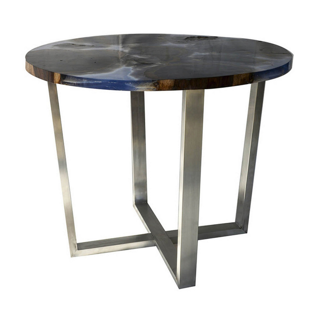 36 Inch Coffee Table Round Resin Top Sonokeling Wood Frame Blue Gray By Casagear Home BM311653