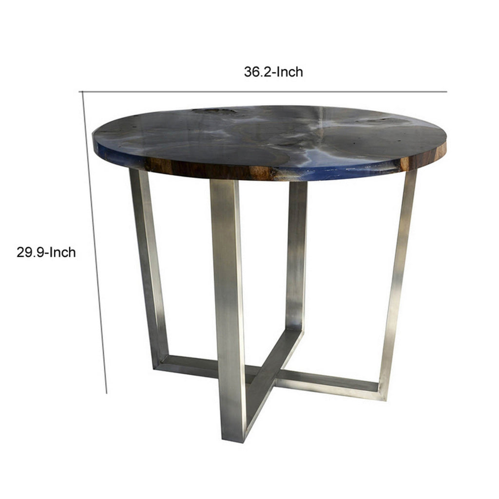 36 Inch Coffee Table Round Resin Top Sonokeling Wood Frame Blue Gray By Casagear Home BM311653