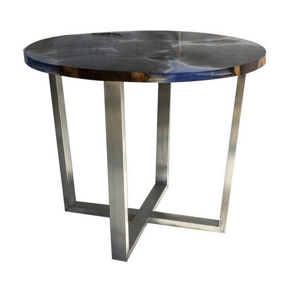 36 Inch Coffee Table, Round Resin Top, Sonokeling Wood Frame, Blue, Gray By Casagear Home