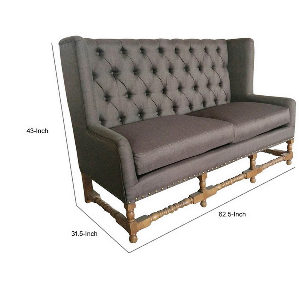 63 Inch Sattee Bench Sofa Tall Tufted Wingback Gray Polyester Upholstery By Casagear Home BM311658