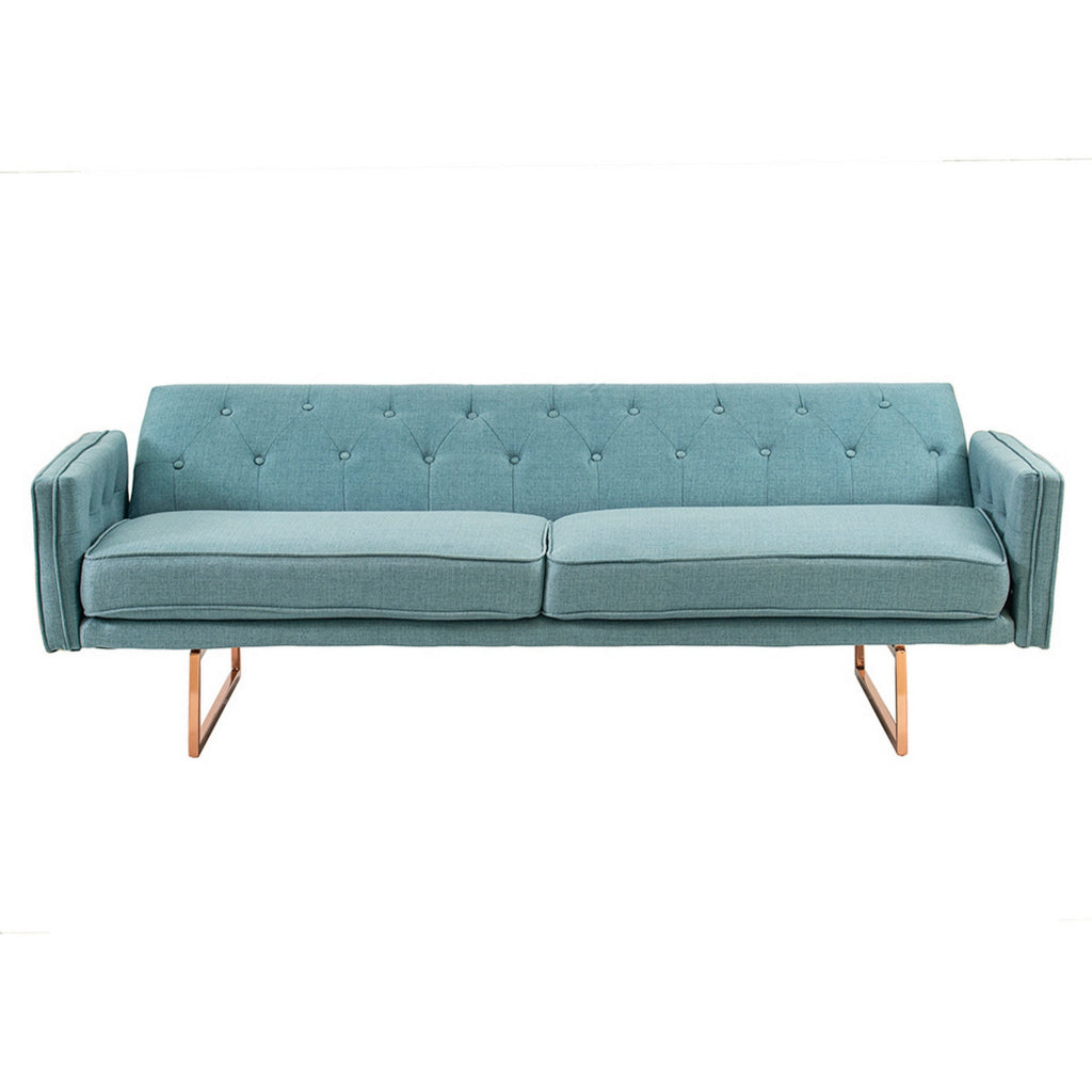 76 Inch Sleeper Sofa Bed Modern Blue Tufted Fabric Sleek Gold Metal Legs By Casagear Home BM311661