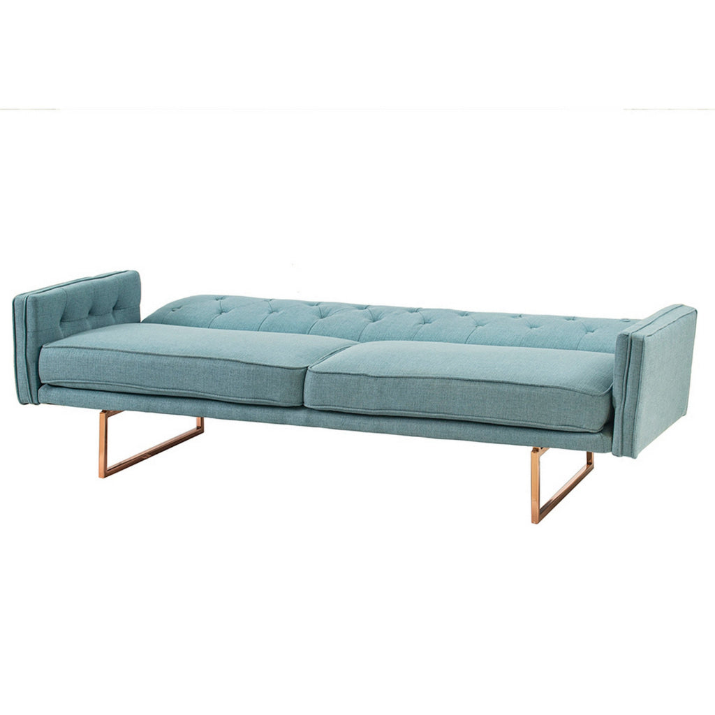 76 Inch Sleeper Sofa Bed Modern Blue Tufted Fabric Sleek Gold Metal Legs By Casagear Home BM311661