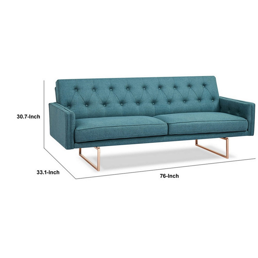 76 Inch Sleeper Sofa Bed Modern Blue Tufted Fabric Sleek Gold Metal Legs By Casagear Home BM311661