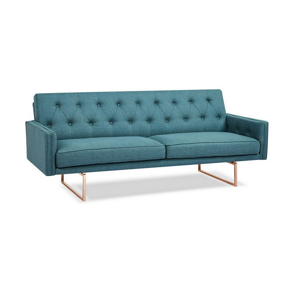 76 Inch Sleeper Sofa Bed, Modern Blue Tufted Fabric, Sleek Gold Metal Legs By Casagear Home