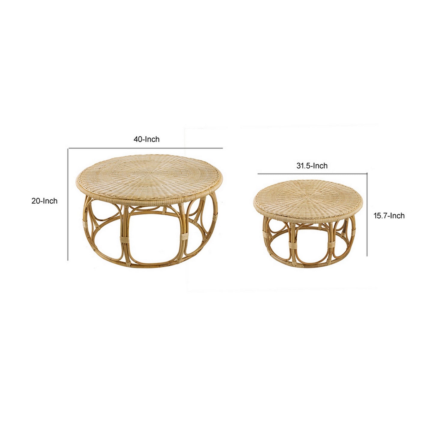 32 40 Inch Coffee Table Set of 2 Round Tops Handwoven Rattan Brown By Casagear Home BM311665