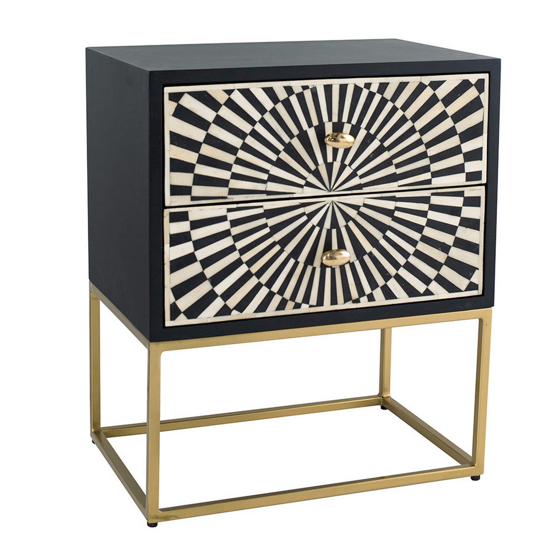 24 Inch Sideboard Cabinet 2 Drawers Sunray Bone Inlay Iron Brass Black By Casagear Home BM311671