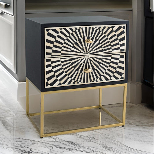 24 Inch Sideboard Cabinet 2 Drawers Sunray Bone Inlay Iron Brass Black By Casagear Home BM311671