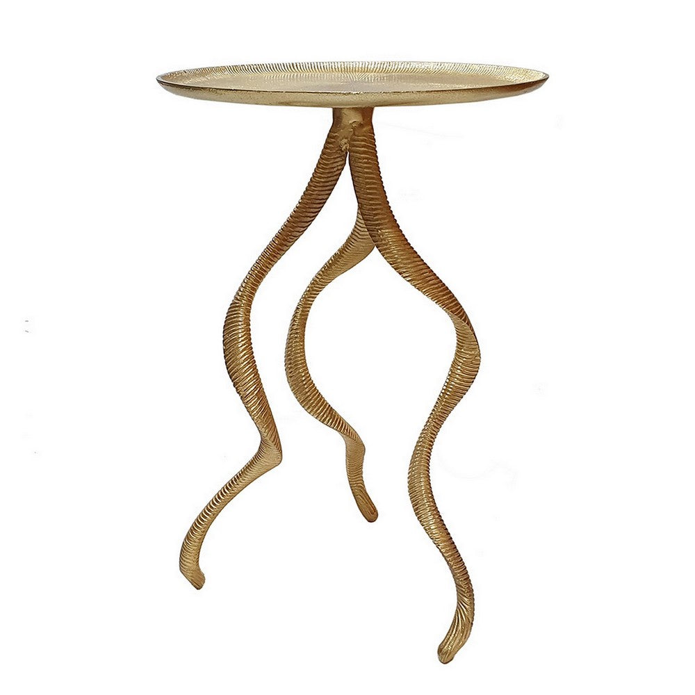 24 Inch Accent Side Table Antler Base Design Ribbed Top Aluminium Gold By Casagear Home BM311672