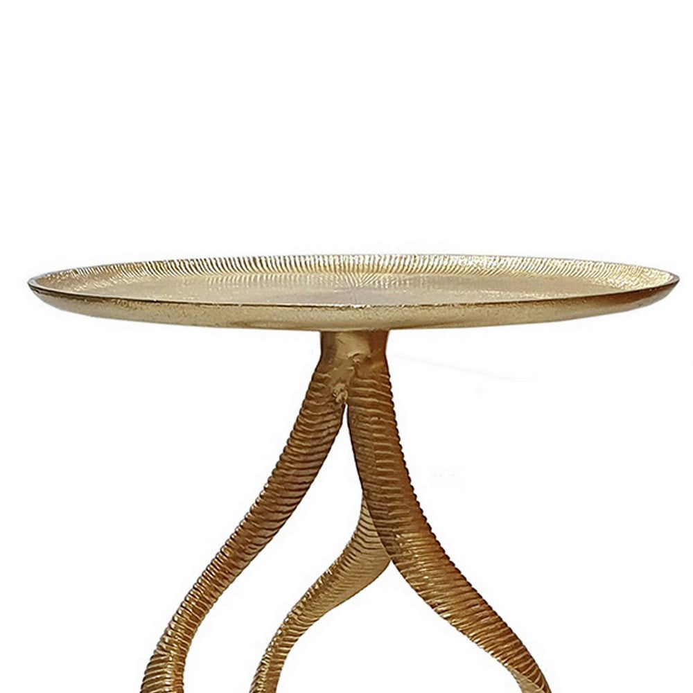 24 Inch Accent Side Table Antler Base Design Ribbed Top Aluminium Gold By Casagear Home BM311672