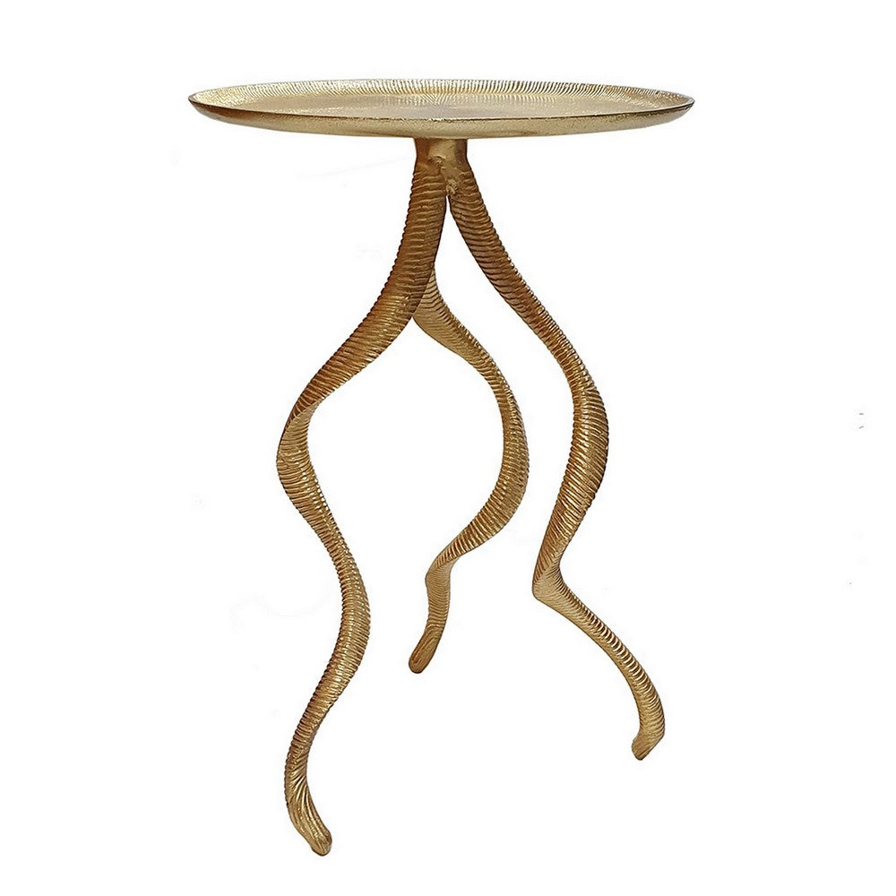 24 Inch Accent Side Table Antler Base Design Ribbed Top Aluminium Gold By Casagear Home BM311672