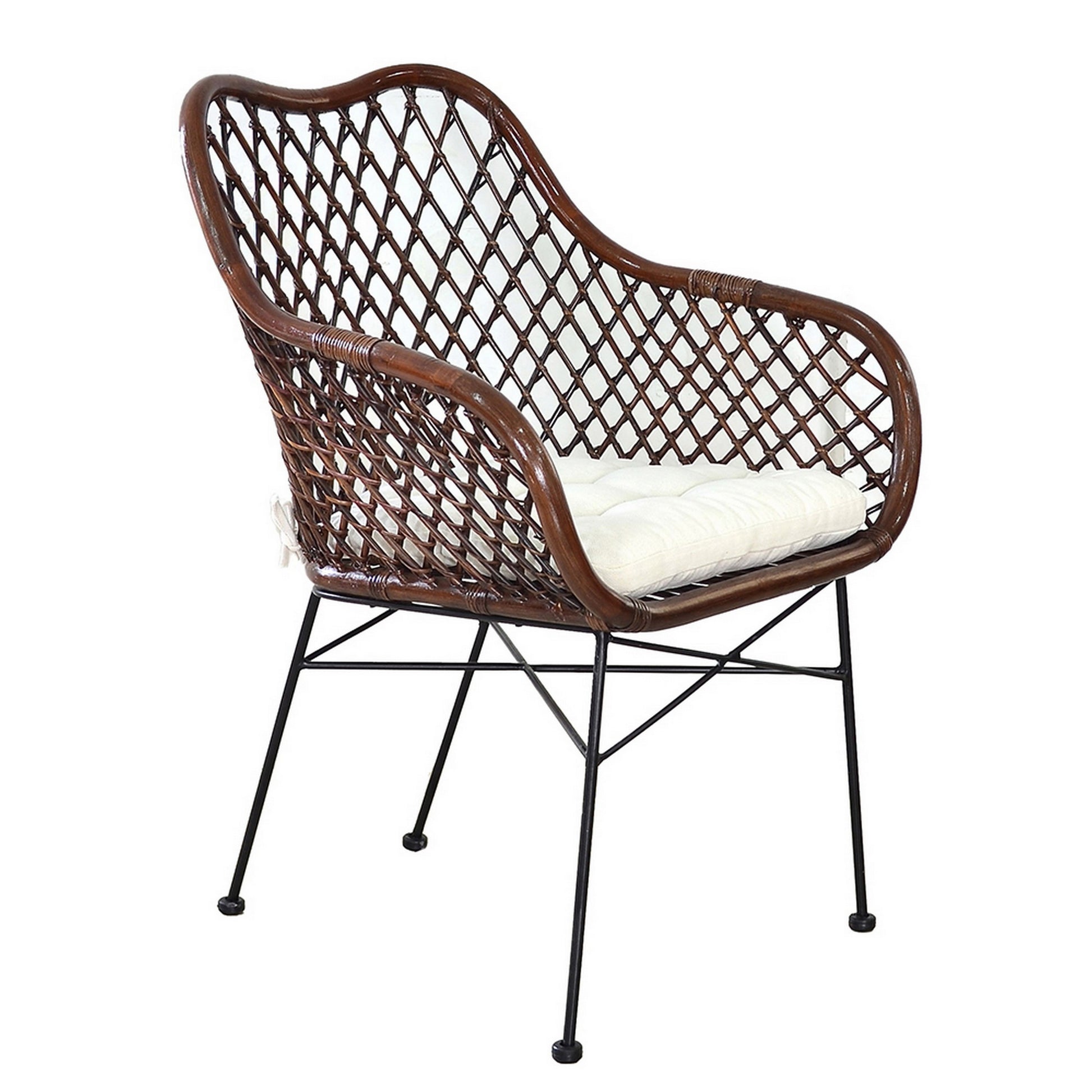 25 Inch Palapa Side Chair Cushion Rattan Cane Iron Legs White Black By Casagear Home BM311675