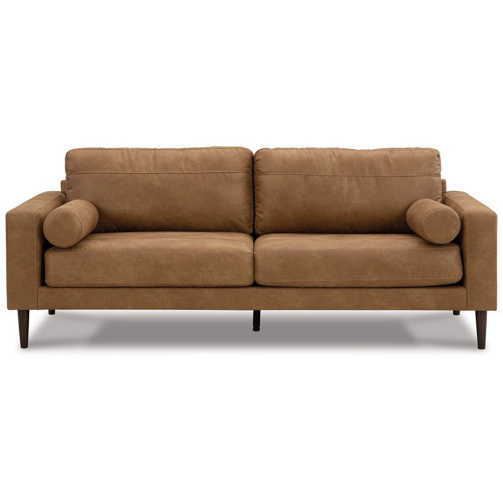 Tely 85 Inch Sofa Transitional Style Soft Caramel Brown Faux Leather By Casagear Home BM311685