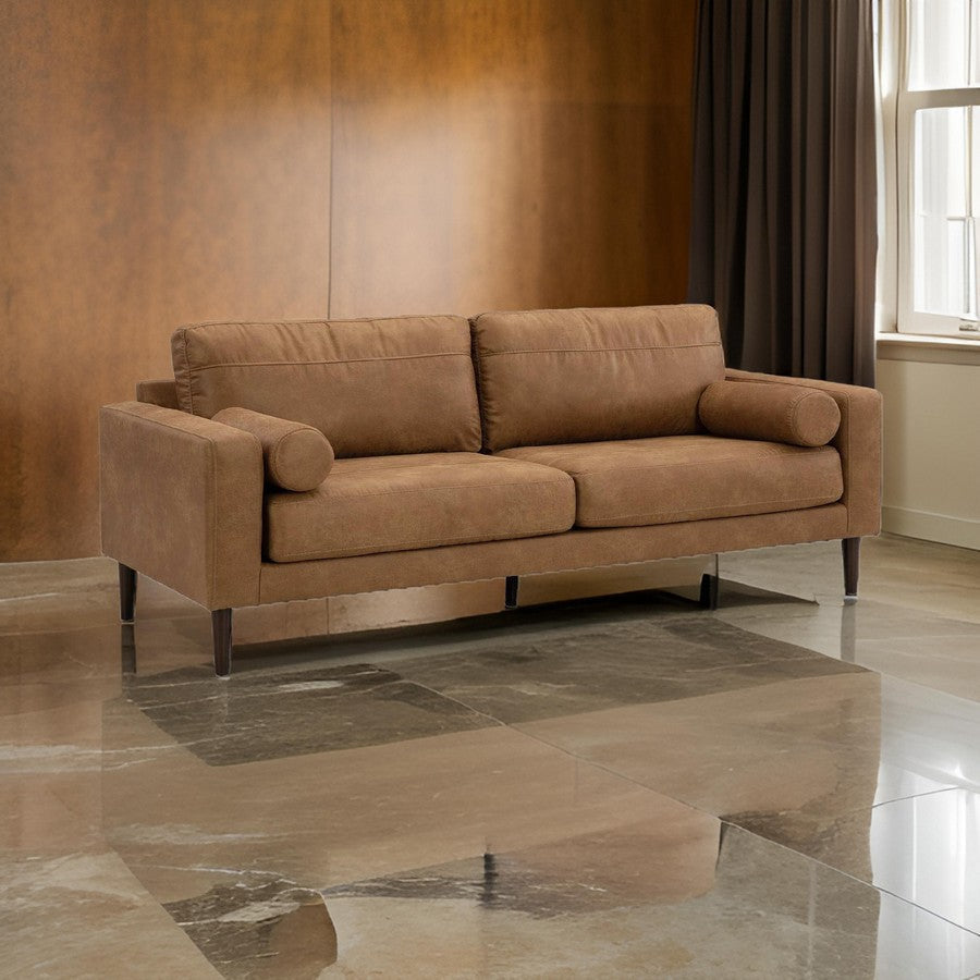 Tely 85 Inch Sofa Transitional Style Soft Caramel Brown Faux Leather By Casagear Home BM311685