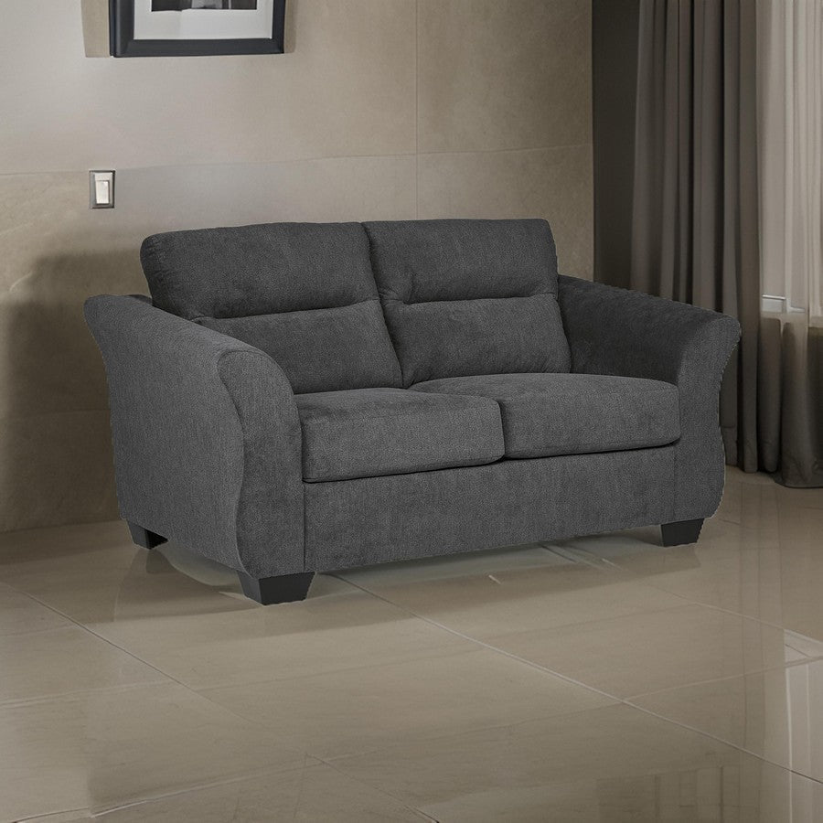 Avel 65 Inch Loveseat Tapered Arms and Soft Dark Gray Polyester Cushions By Casagear Home BM311692