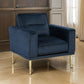 Maca 35 Inch Accent Chair, Navy Blue Polyester and Brass Metal Legs By Casagear Home