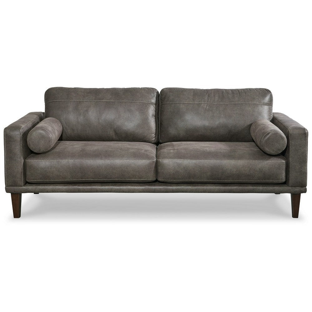 Royo 82 Inch Sofa with 2 Bolster Pillows Soft Gray Brown Faux Leather By Casagear Home BM311725