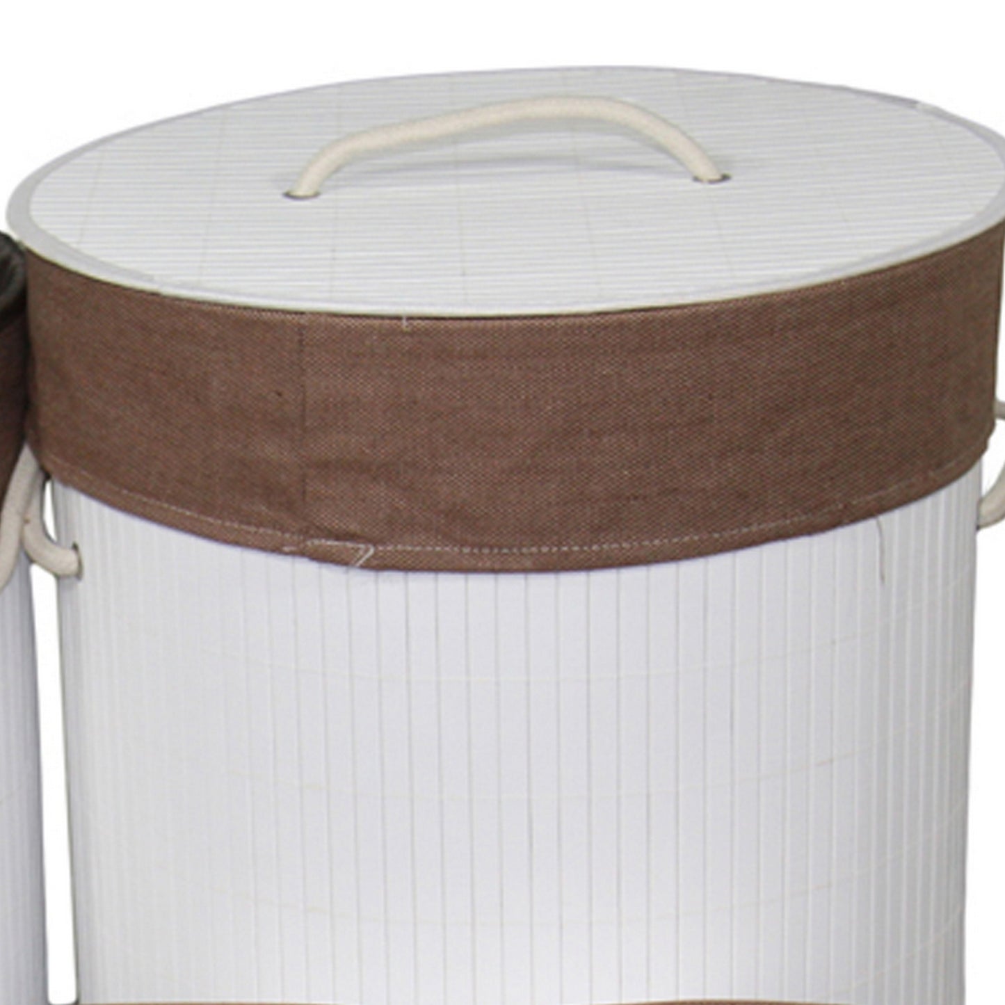 5 Piece Laundry Basket and Tray Set Round Folding Brown Bamboo White By Casagear Home BM311746