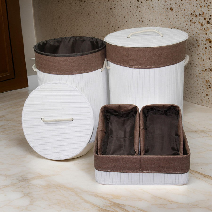 5 Piece Laundry Basket and Tray Set Round Folding Brown Bamboo White By Casagear Home BM311746