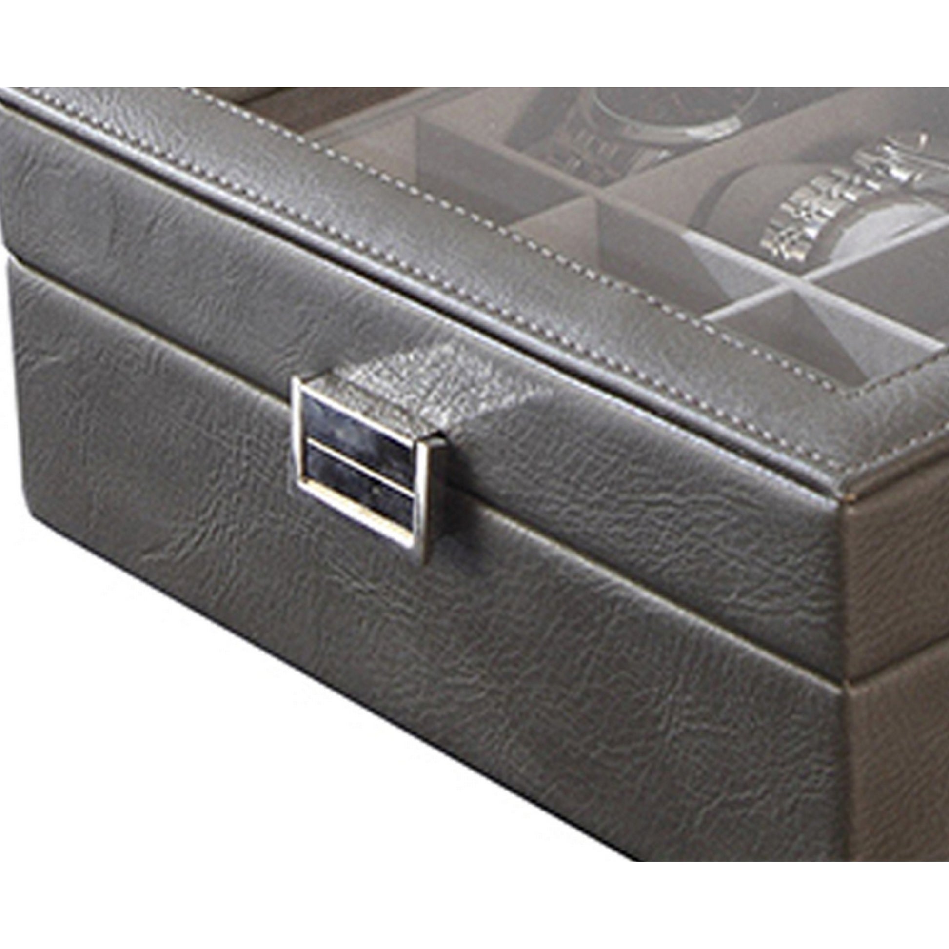 9 Inch Watch Case with 8 Spaces Gray Faux Leather Lined Glass Lid Black By Casagear Home BM311748