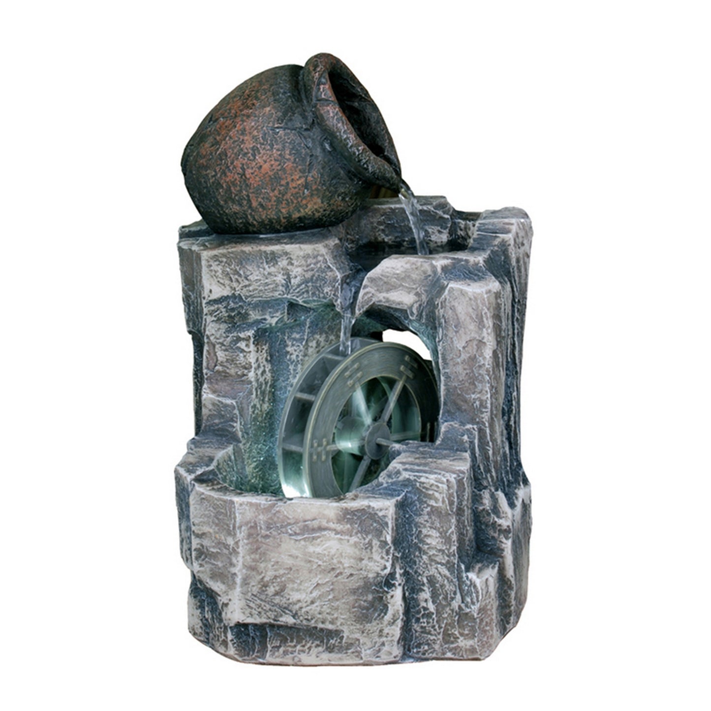 Tay 12 Inch Tabletop Water Fountain Wheel Mill LED Lighting Rustic Gray By Casagear Home BM311749