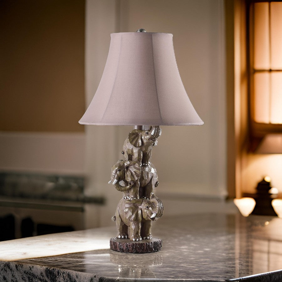 21 Inch Accent Table Lamp 3 Stacked Elephants Linen Bell Shade Brown Gray By Casagear Home BM311759