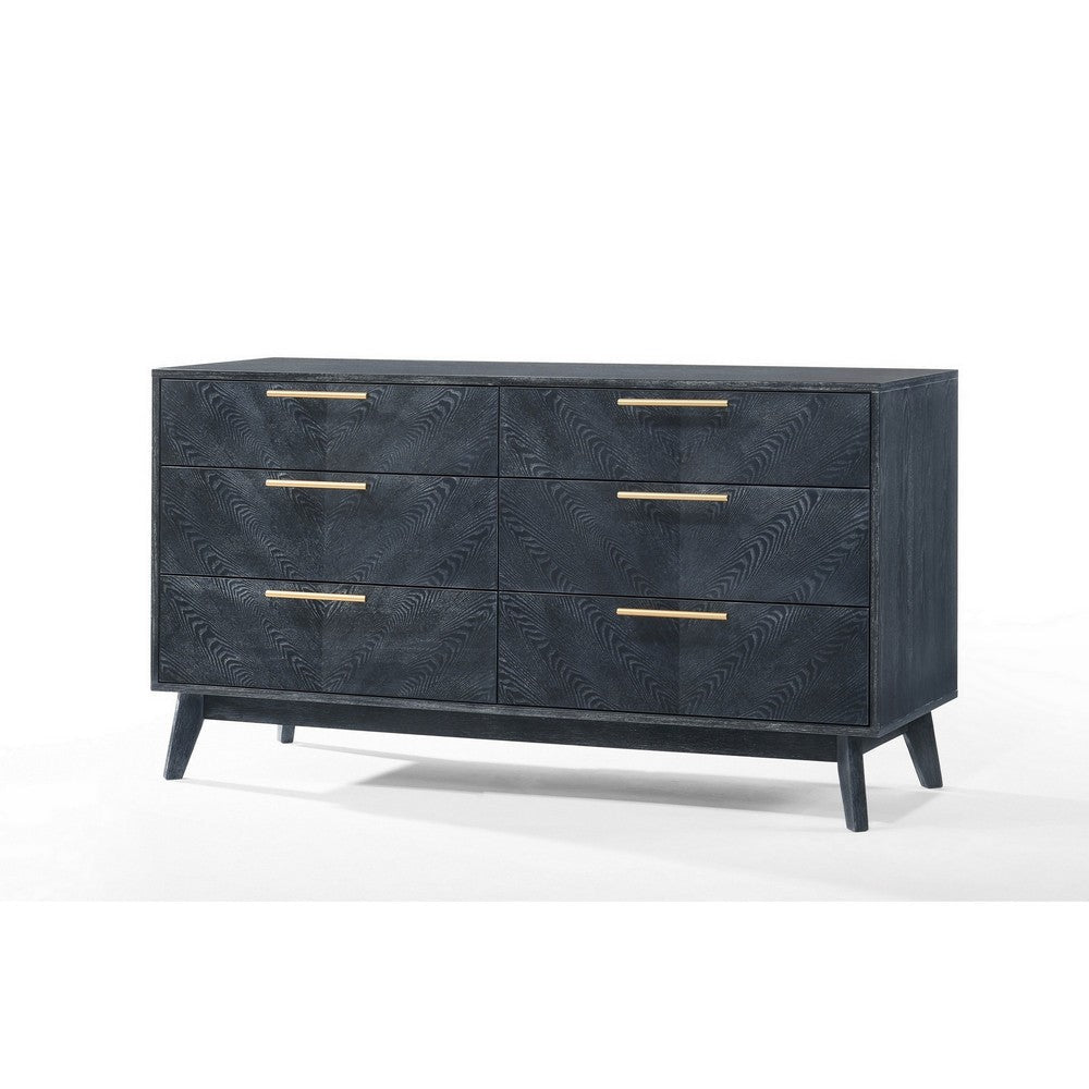 Cid Coy 55 Inch Wide Dresser, 6 Drawer, Metal Base, Gray Wood Grains, Gold By Casagear Home