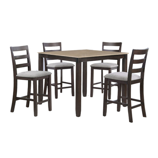 Cameron 5 Piece Set Counter Height Dining Table, Chairs, Brown, Gray Fabric By Casagear Home