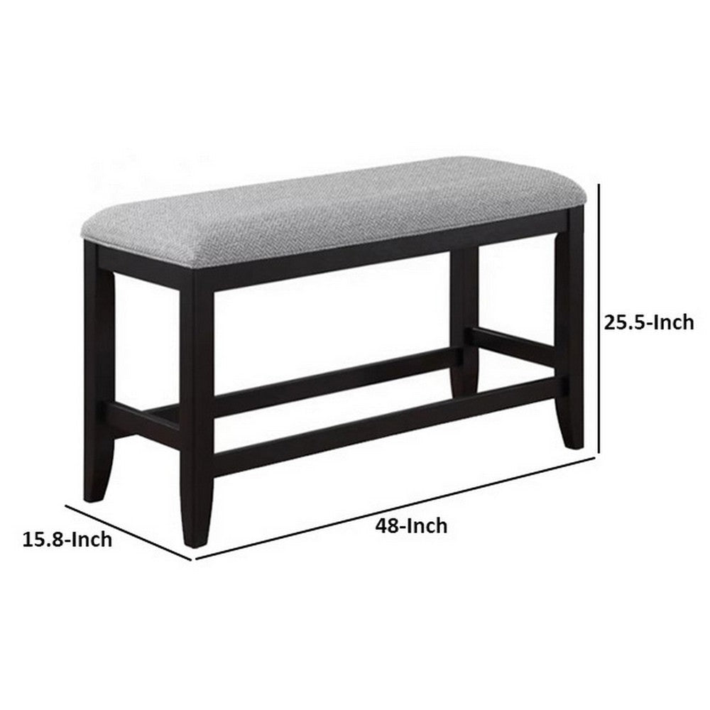 Patricia 48 Inch Counter Height Dining Bench Black Wood and Gray Fabric By Casagear Home BM311793