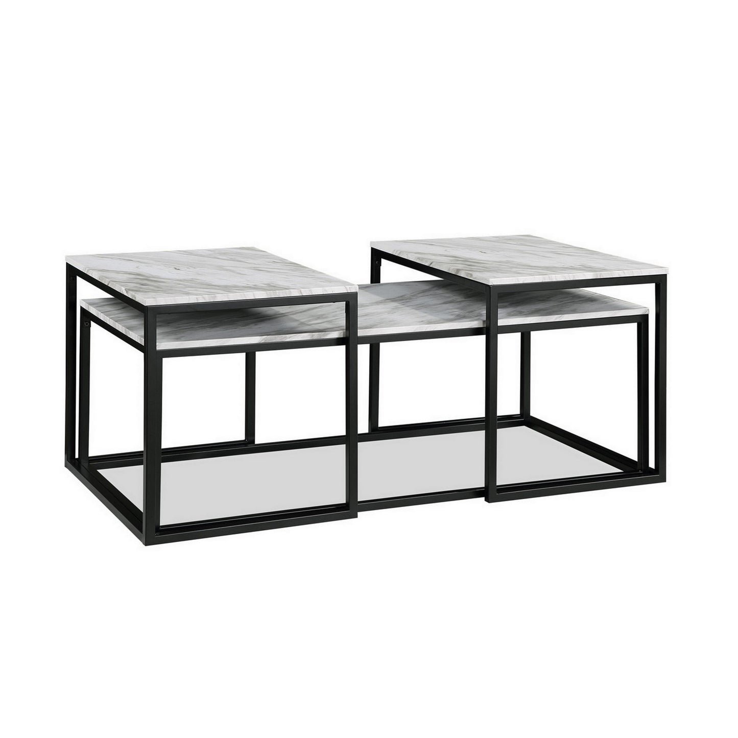 Rebecca 3pc Nesting Coffee and End Table Set Black Metal White Marble Top By Casagear Home BM311800