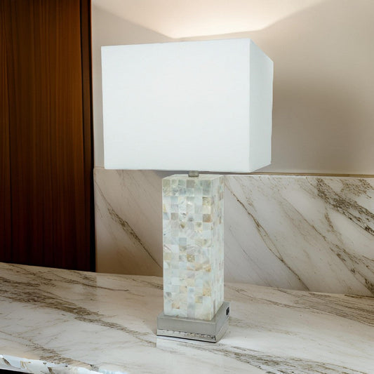 27 Inch Table Lamp Set of 2 Square White Shade Steel Base Marble White By Casagear Home BM311803