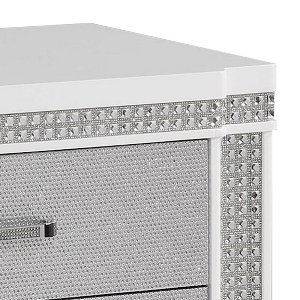 Abi 28 Inch Nightstand 3 Drawers White Wood and Faux Crystal Diamond By Casagear Home BM311812