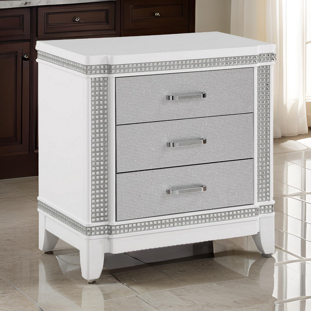 Abi 28 Inch Nightstand, 3 Drawers, White Wood and Faux Crystal Diamond By Casagear Home