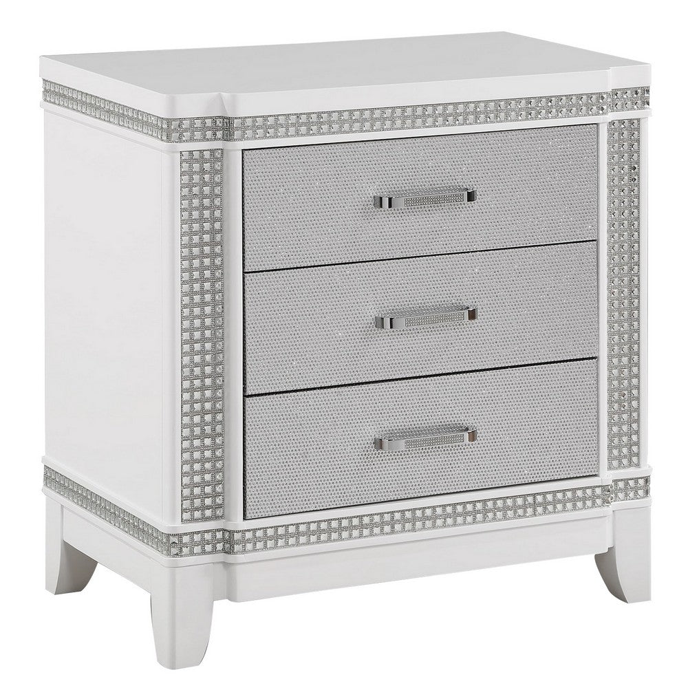 Abi 28 Inch Nightstand 3 Drawers White Wood and Faux Crystal Diamond By Casagear Home BM311812