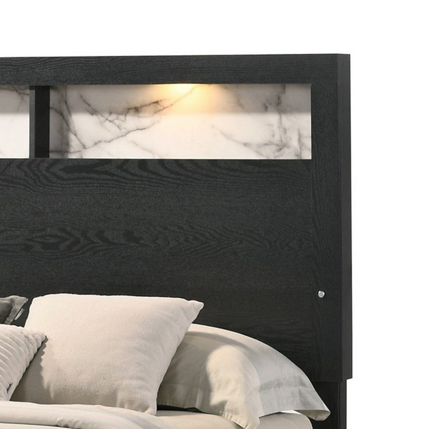 Yoh King Size Bed Wood Headboard with Lights and Shelves Black By Casagear Home BM311818