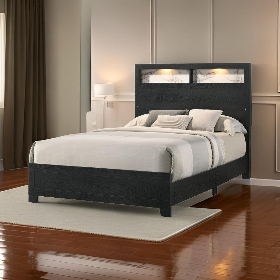 Yoh King Size Bed Wood Headboard with Lights and Shelves Black By Casagear Home BM311818