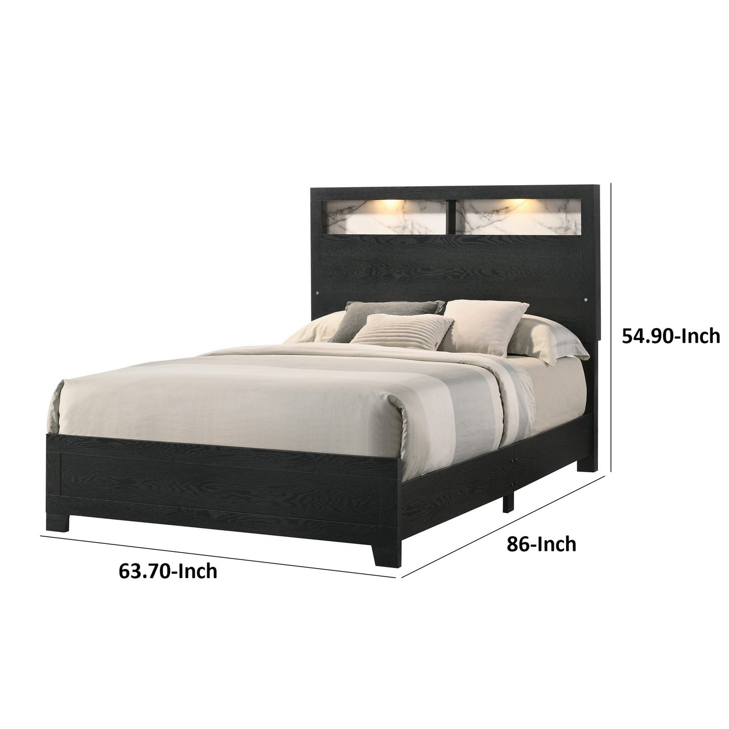 Yoh Queen Size Bed Wood Headboard with Lights and Shelves Black By Casagear Home BM311819