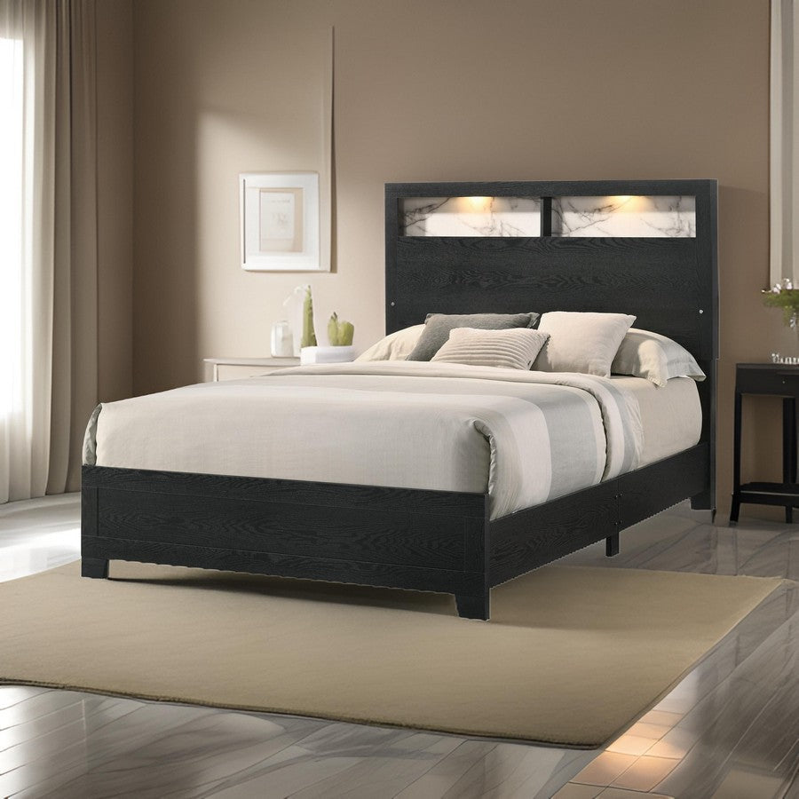 Yoh Queen Size Bed Wood Headboard with Lights and Shelves Black By Casagear Home BM311819