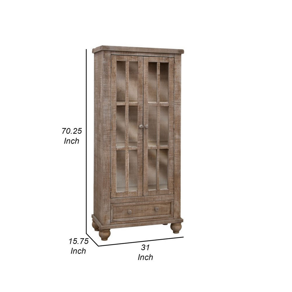 70 Inch Tall Cabinet 1 Bottom Drawer 2 Glass Doors Drift Sand Brown Wood By Casagear Home BM311850