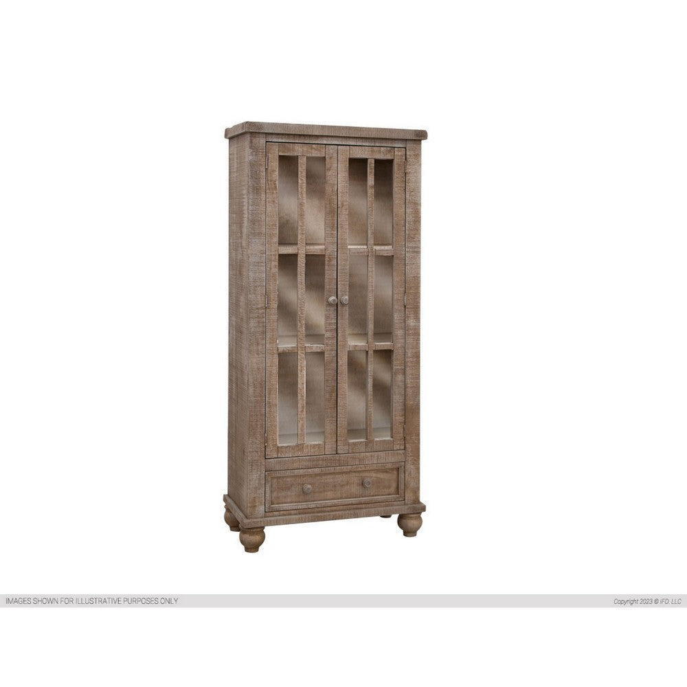 70 Inch Tall Cabinet, 1 Bottom Drawer, 2 Glass Doors, Drift Sand Brown Wood By Casagear Home