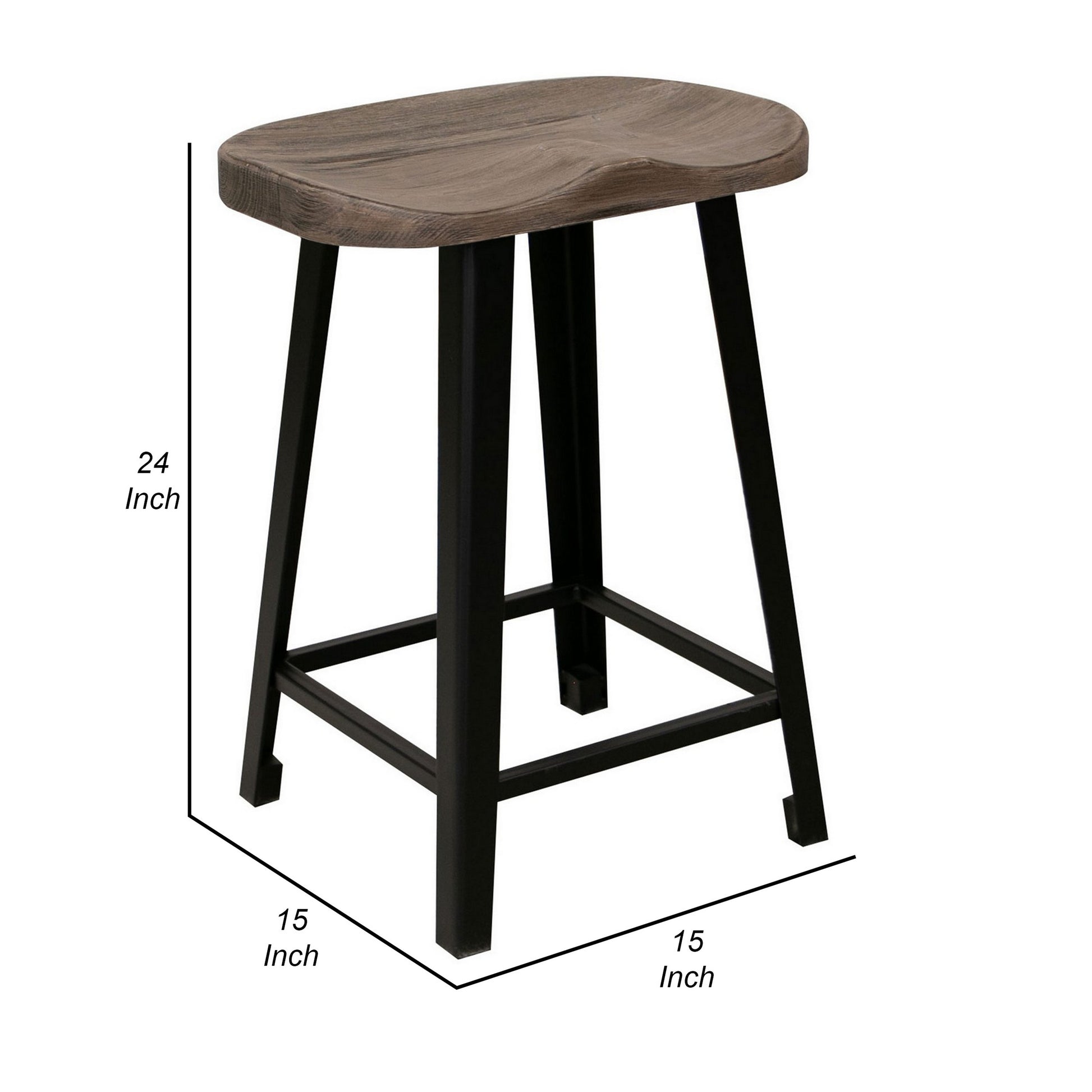 Simi 24 Inch Counter Height Stool Industrial Black Metal Base Brown Wood By Casagear Home BM311857