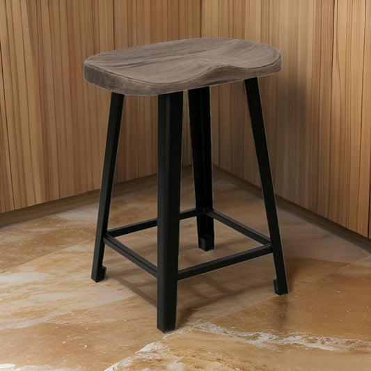 Simi 24 Inch Counter Height Stool Industrial Black Metal Base Brown Wood By Casagear Home BM311857