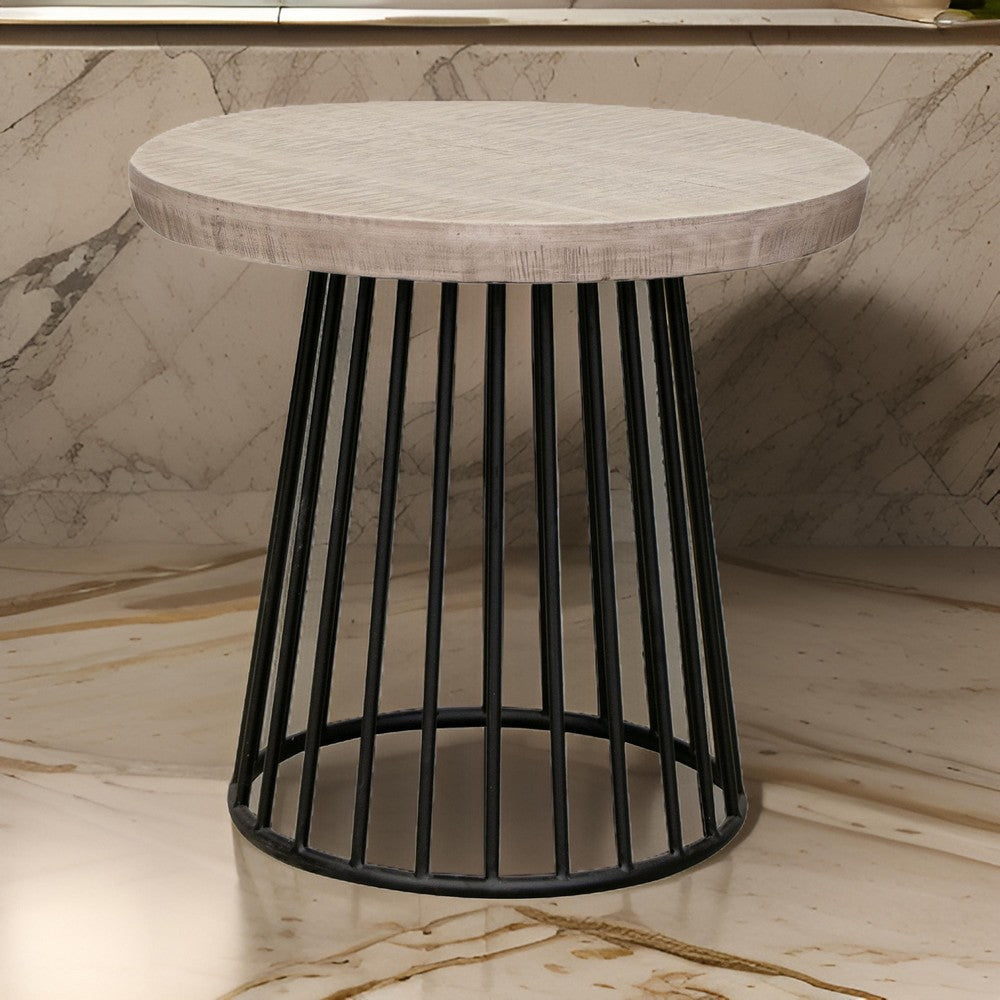 Rita 25 Inch Side End Table, Open Cone Base, Off White Wood, Black Metal By Casagear Home