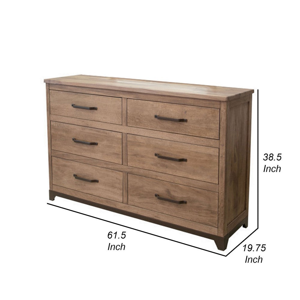 Umey 62 Inch Dresser 6 Drawers Metal Handles Light Natural Brown Wood By Casagear Home BM311870