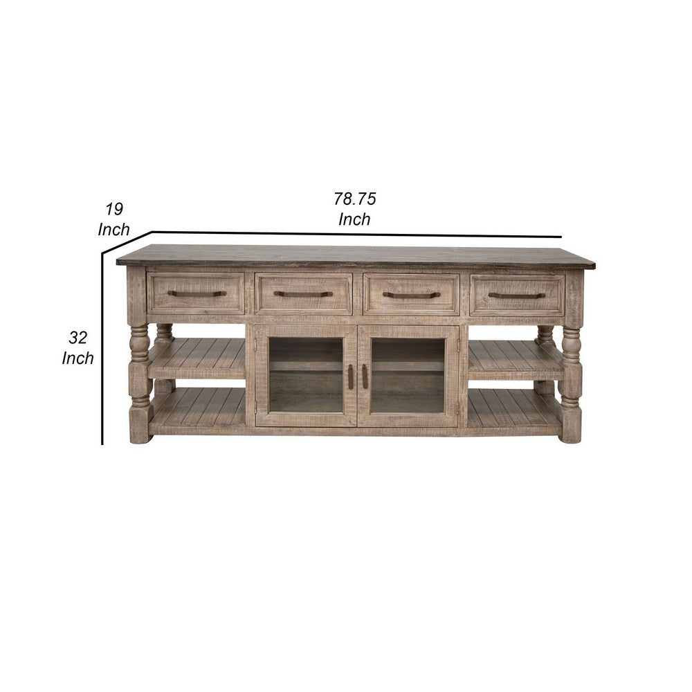 Nite 79 Inch TV Entertainment Console 4 Drawers 2 Glass Doors Brown Wood By Casagear Home BM311878