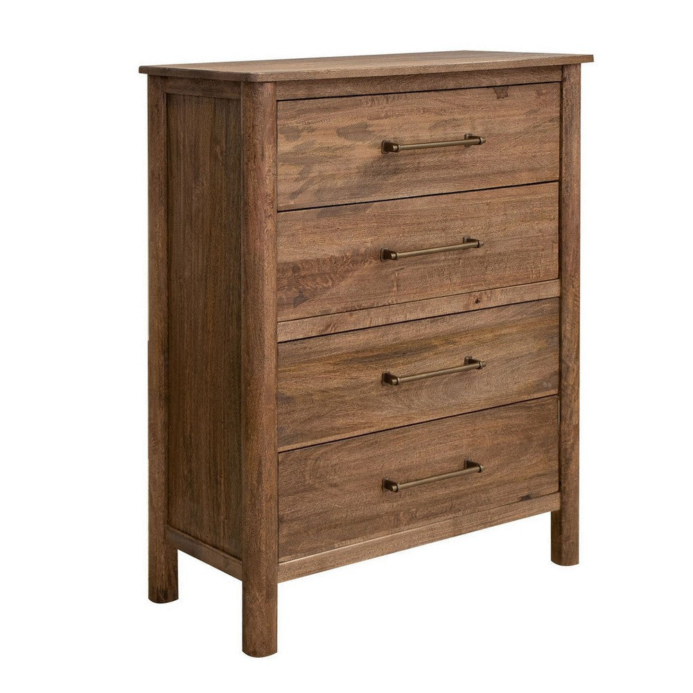 Olum 47 Inch Tall Dresser Chest, 4 Drawers, Gold, Natural Brown Wood Frame By Casagear Home