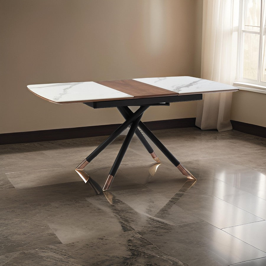 Lina 51-67 Inch Extendable Dining Table Gray Ceramic and Walnut Wood Top By Casagear Home BM311891