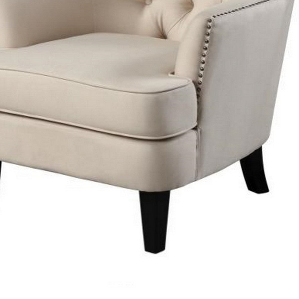 35 Inch Accent Chair Beige Tufted Fabric Upholstery Black Wood Legs By Casagear Home BM311918